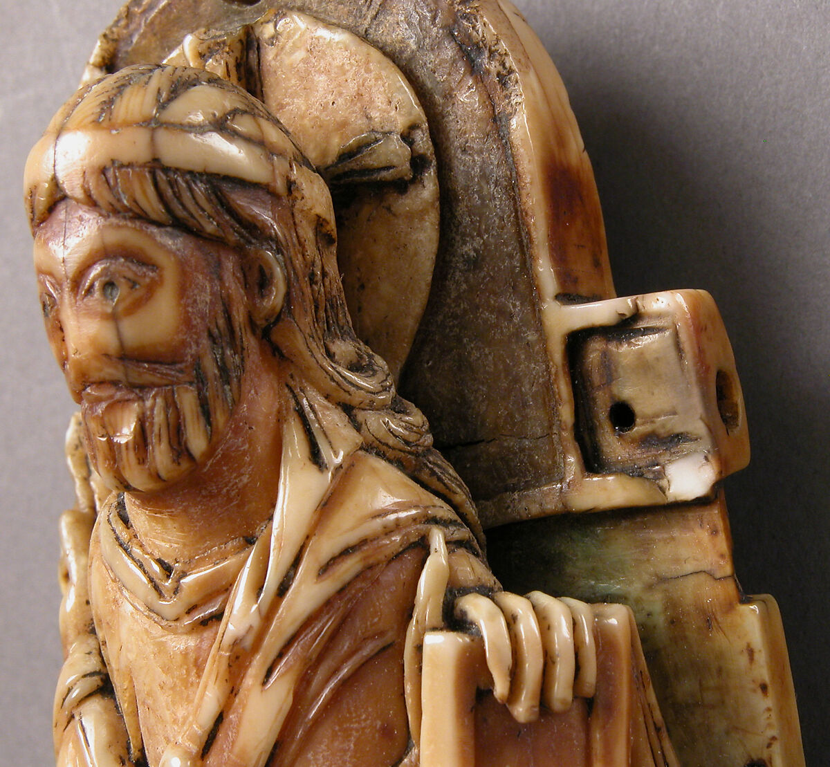 Pectoral with Christ and the Lamb of God and the Symbols of the Four Evangelists, Walrus ivory with gilt-copper sheets and copper alloy pin, British or North French