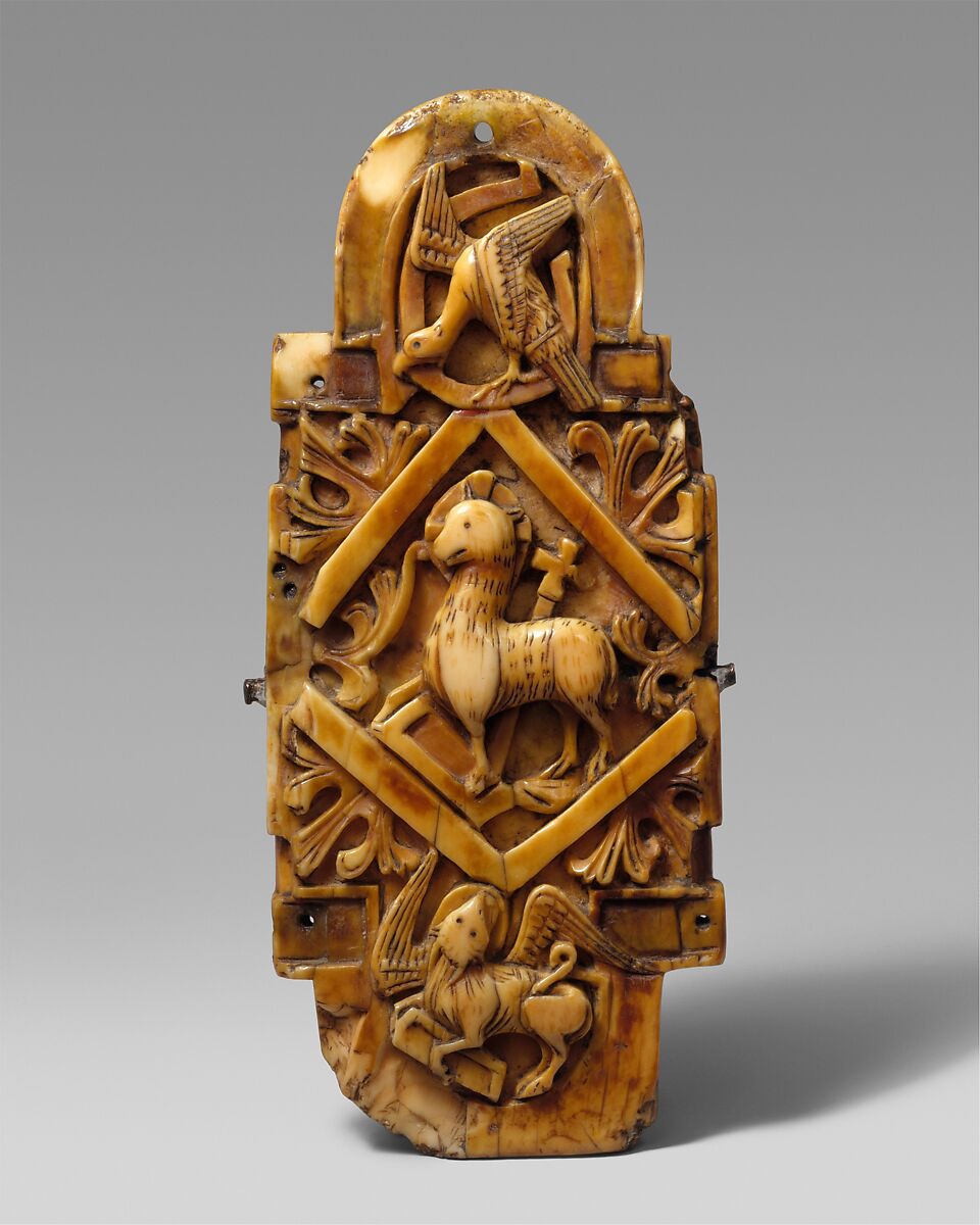 Pectoral with Christ and the Lamb of God and the Symbols of the Four Evangelists, Walrus ivory with gilt-copper sheets and copper alloy pin, British or North French