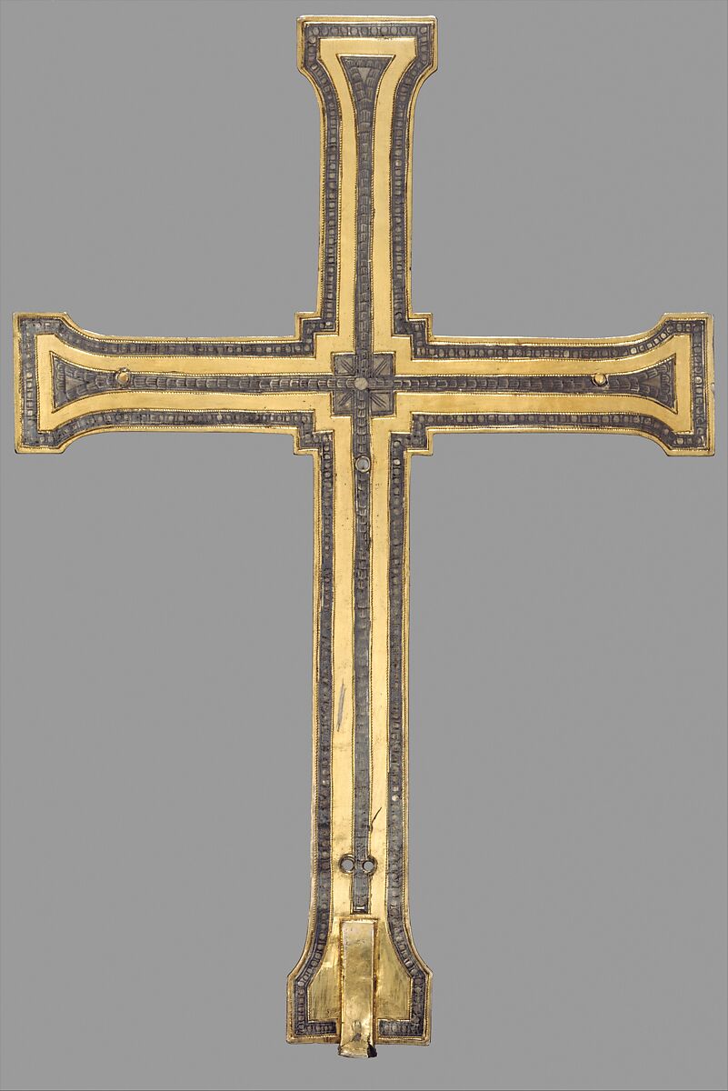 Reliquary Crucifix, Silver, gilded silver, and niello (cross); elephant ivory with gilding (corpus), North Spanish