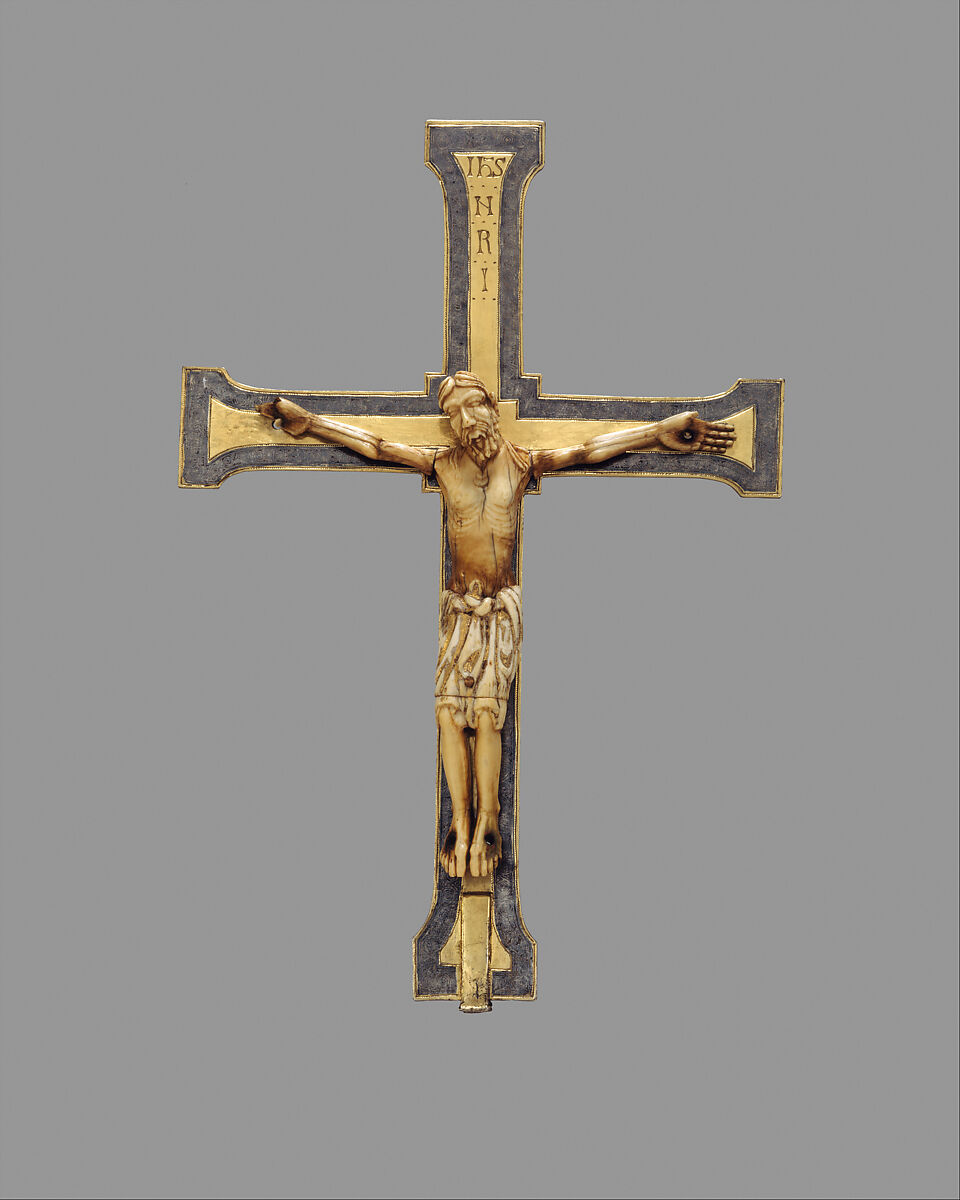Reliquary Crucifix, Silver, gilded silver, and niello (cross); elephant ivory with gilding (corpus), North Spanish