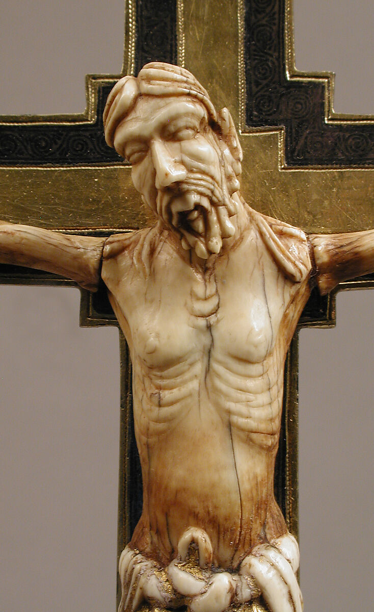 Reliquary Crucifix, Silver, gilded silver, and niello (cross); elephant ivory with gilding (corpus), North Spanish