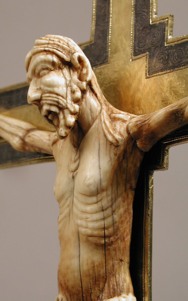 Reliquary Crucifix, Silver, gilded silver, and niello (cross); elephant ivory with gilding (corpus), North Spanish