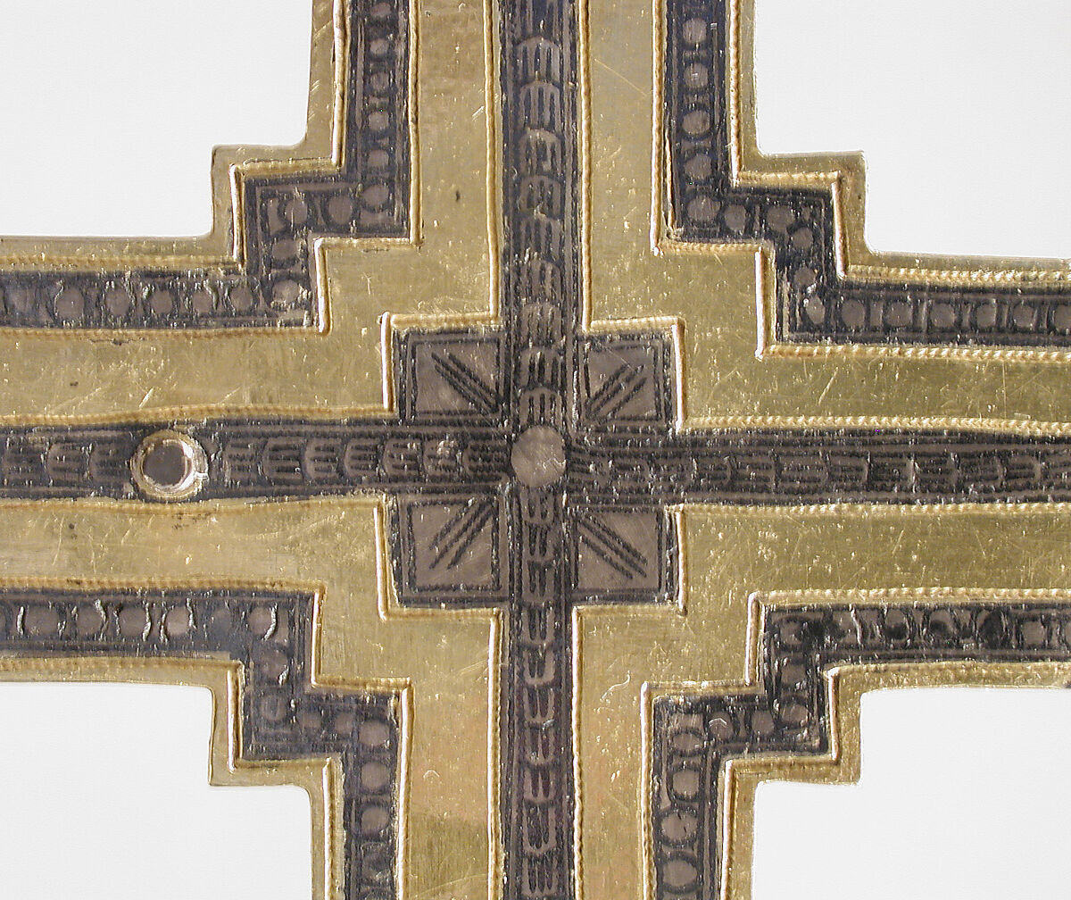 Reliquary Crucifix, Silver, gilded silver, and niello (cross); elephant ivory with gilding (corpus), North Spanish