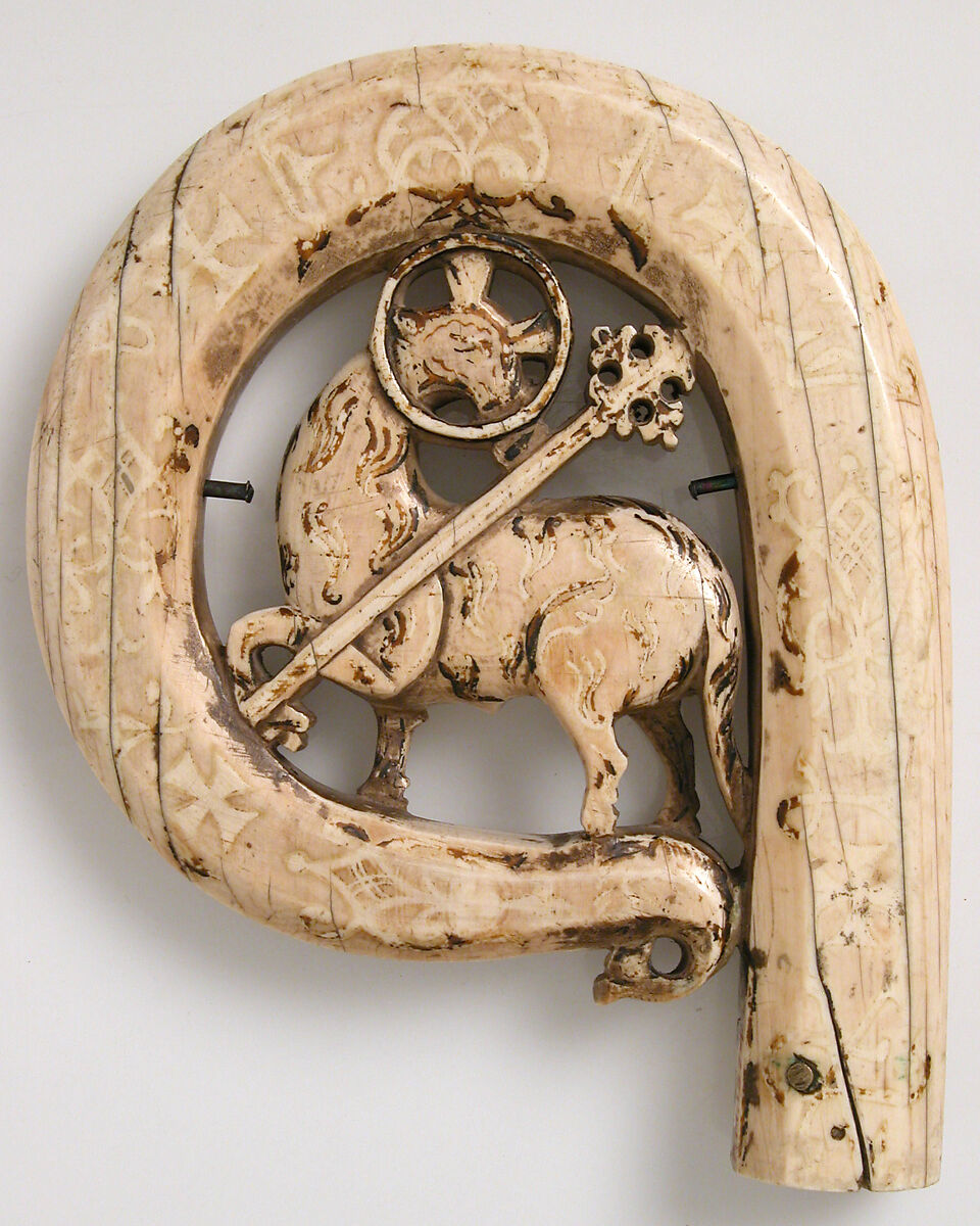 Crozier Head with Lamb of God, Elephant ivory, with traces of paint and gilding, silver pins, Sicilian or North Italian 