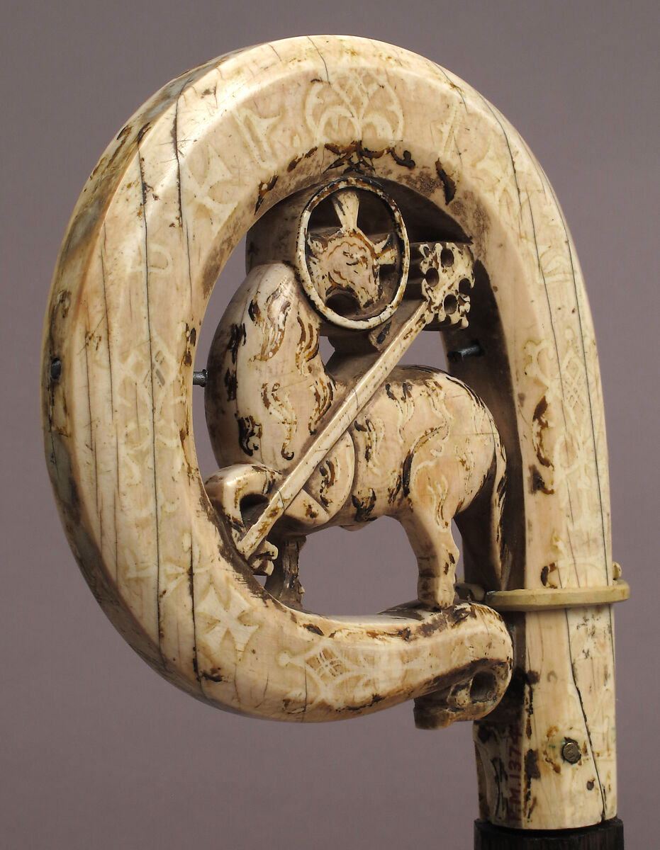 Crozier Head with Lamb of God, Elephant ivory, with traces of paint and gilding, silver pins, Sicilian or North Italian