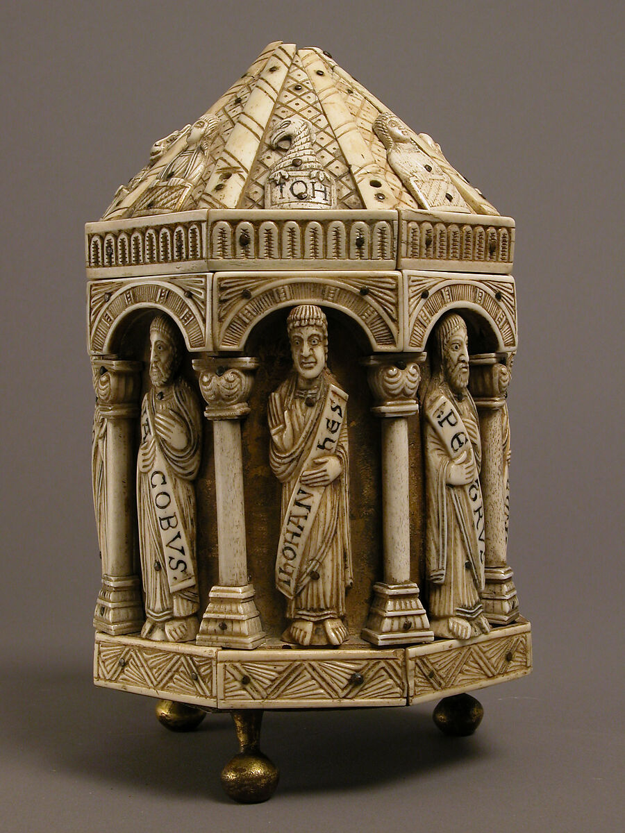 Tower Reliquary with Eight Apostles and the Symbols of the Four Evangelists, Bone, gilt copper alloy, wood core, German 