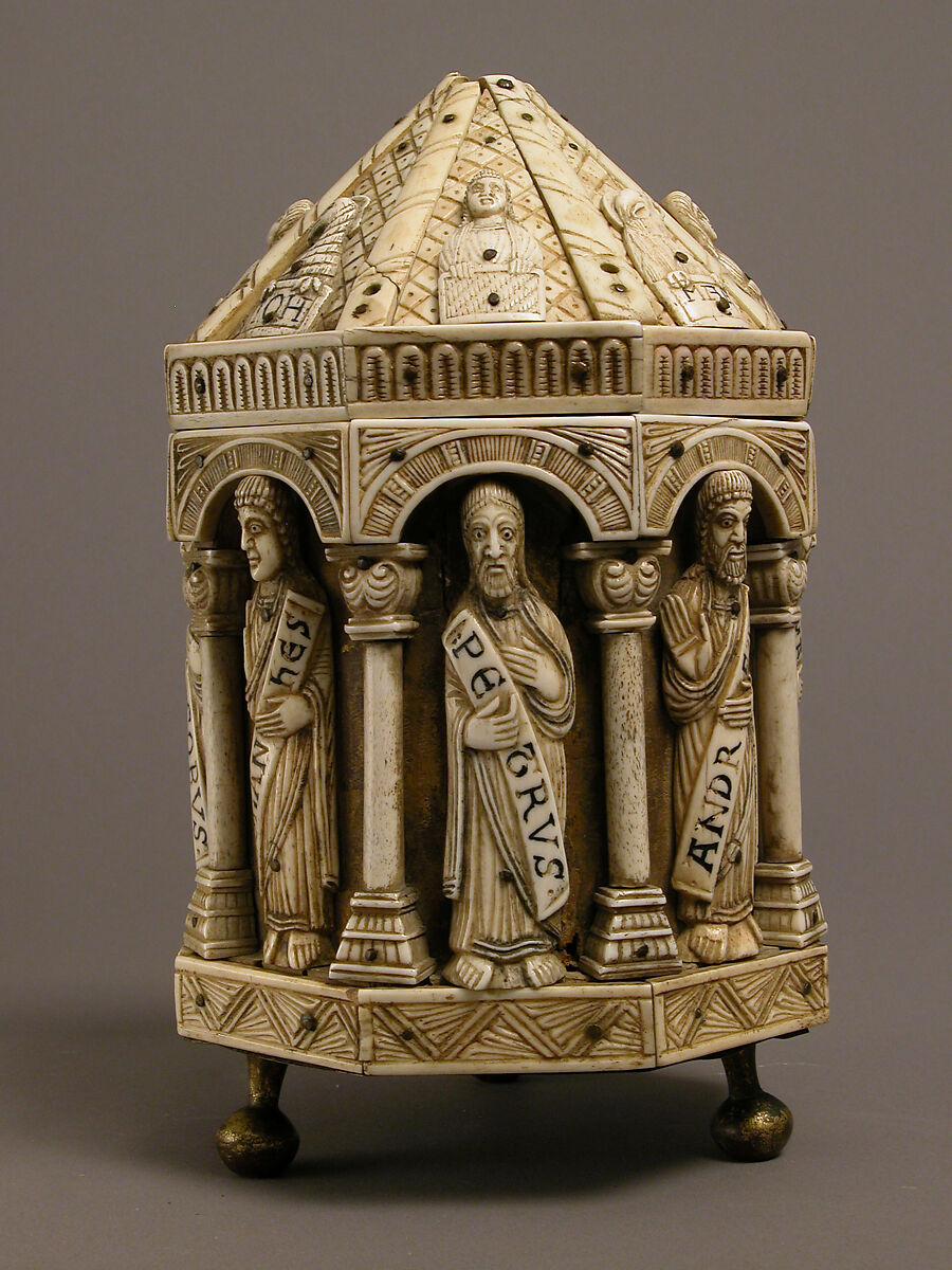 Tower Reliquary with Eight Apostles and the Symbols of the Four Evangelists, Bone, gilt copper alloy, wood core, German