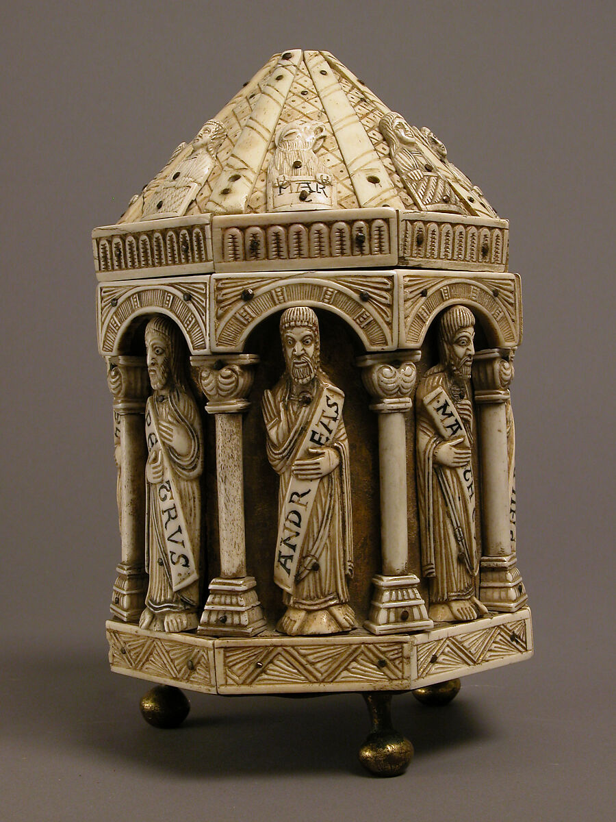 Tower Reliquary with Eight Apostles and the Symbols of the Four Evangelists, Bone, gilt copper alloy, wood core, German