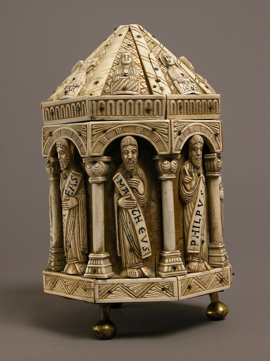 Tower Reliquary with Eight Apostles and the Symbols of the Four Evangelists, Bone, gilt copper alloy, wood core, German