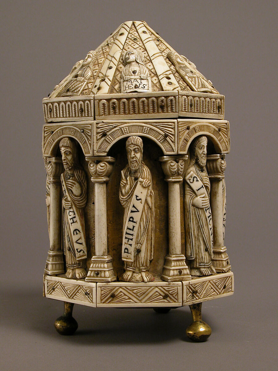 Tower Reliquary with Eight Apostles and the Symbols of the Four Evangelists, Bone, gilt copper alloy, wood core, German