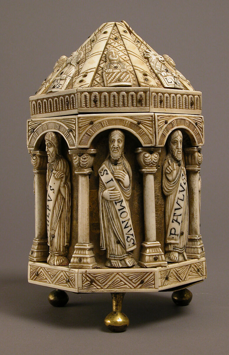 Tower Reliquary with Eight Apostles and the Symbols of the Four Evangelists, Bone, gilt copper alloy, wood core, German
