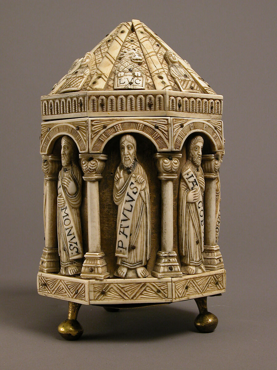 Tower Reliquary with Eight Apostles and the Symbols of the Four Evangelists, Bone, gilt copper alloy, wood core, German