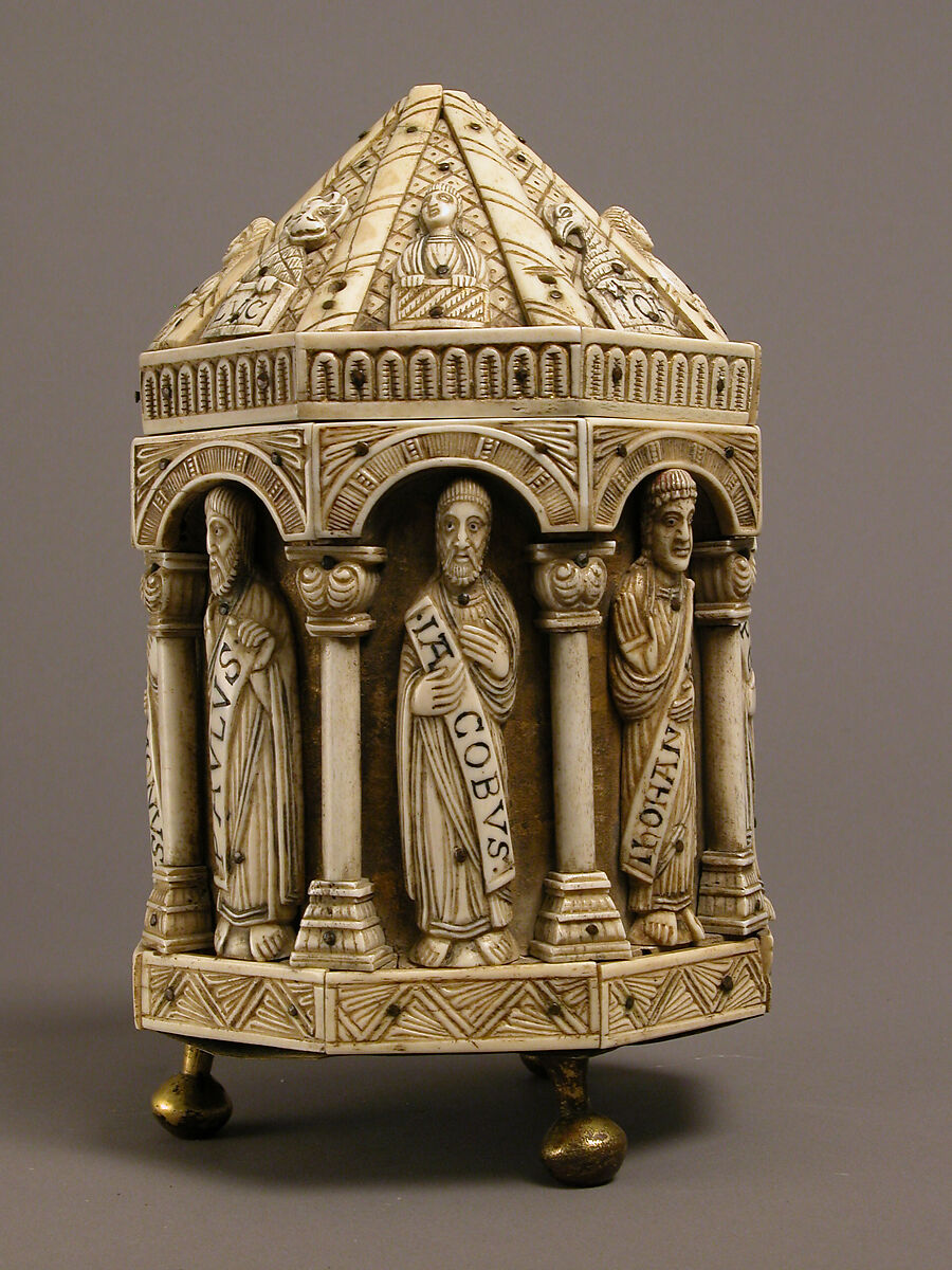Tower Reliquary with Eight Apostles and the Symbols of the Four Evangelists, Bone, gilt copper alloy, wood core, German