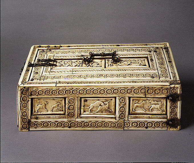Casket with Erotes and Animals, Bone plaques and ornamental strips over wooden casket with silk lining; copper handle, clasps, lock plate, and nails, Italian or Byzantine