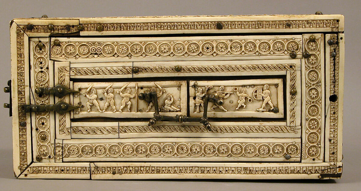 Casket with Erotes and Animals, Bone plaques and ornamental strips over wooden casket with silk lining; copper handle, clasps, lock plate, and nails, Italian or Byzantine