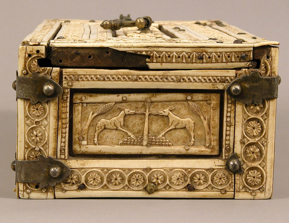 Casket with Erotes and Animals, Bone plaques and ornamental strips over wooden casket with silk lining; copper handle, clasps, lock plate, and nails, Italian or Byzantine