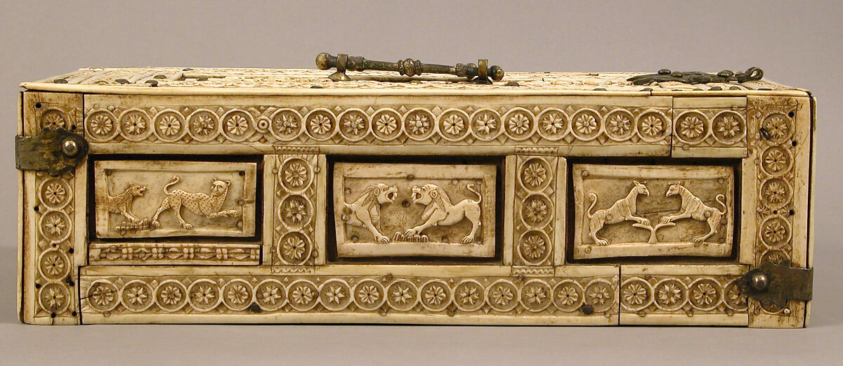 Casket with Erotes and Animals, Bone plaques and ornamental strips over wooden casket with silk lining; copper handle, clasps, lock plate, and nails, Italian or Byzantine