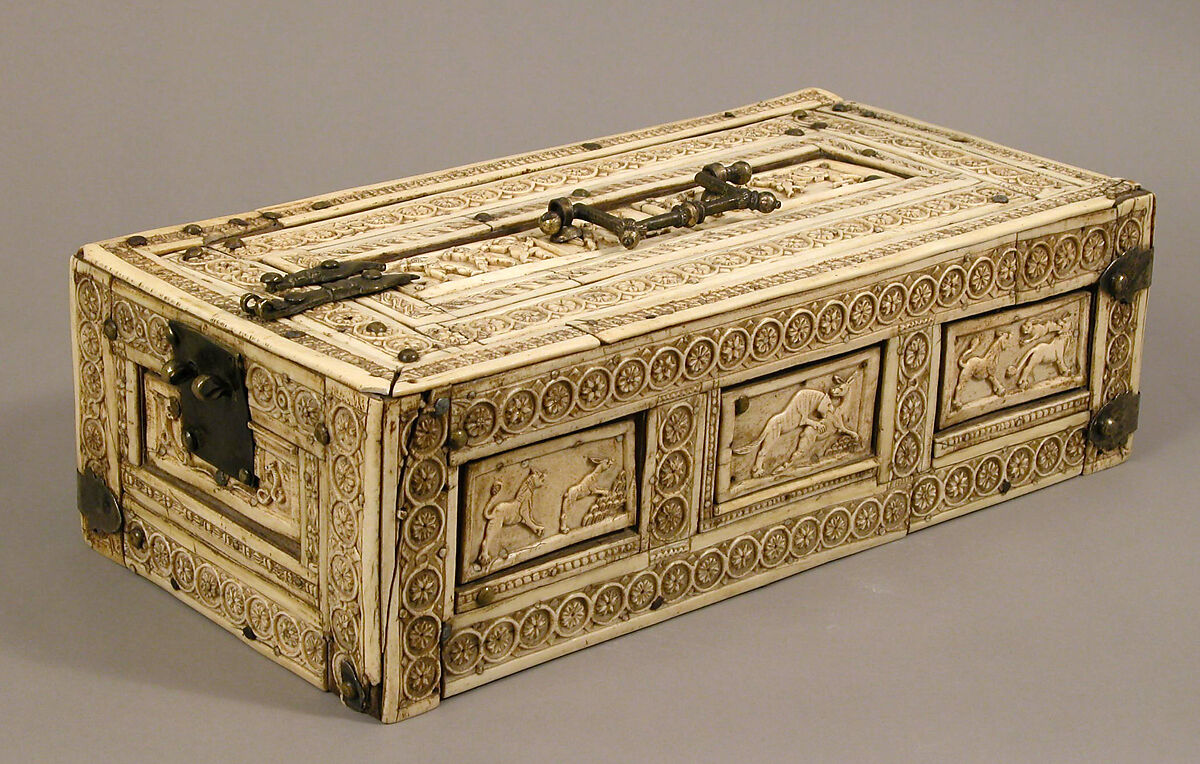 Casket with Erotes and Animals, Bone plaques and ornamental strips over wooden casket with silk lining; copper handle, clasps, lock plate, and nails, Italian or Byzantine
