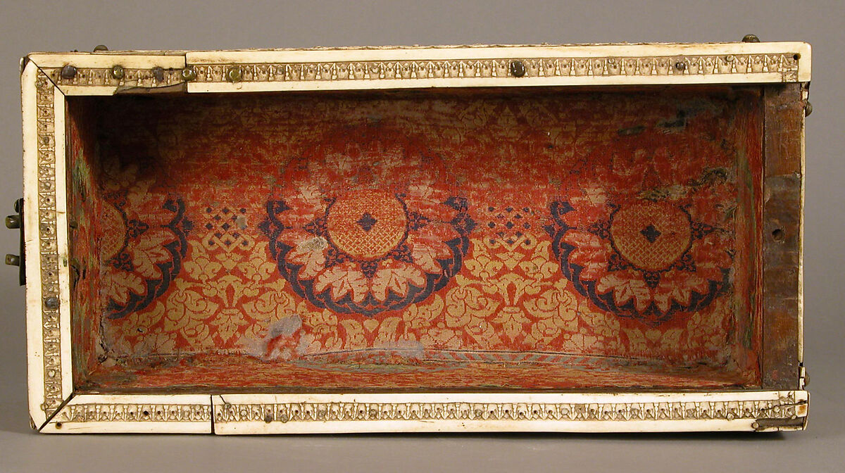 Casket with Erotes and Animals, Bone plaques and ornamental strips over wooden casket with silk lining; copper handle, clasps, lock plate, and nails, Italian or Byzantine