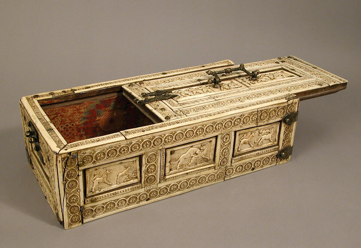 Casket with Erotes and Animals, Bone plaques and ornamental strips over wooden casket with silk lining; copper handle, clasps, lock plate, and nails, Italian or Byzantine 