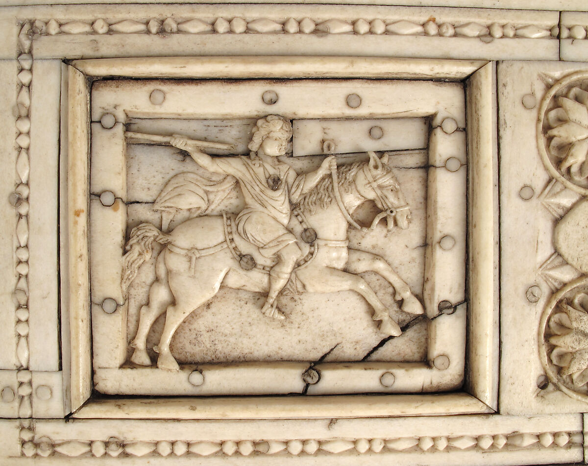 Casket with Warriors and Mythological Figures, Bone plaques and ornamental strips over wood; silver lock plate, Byzantine