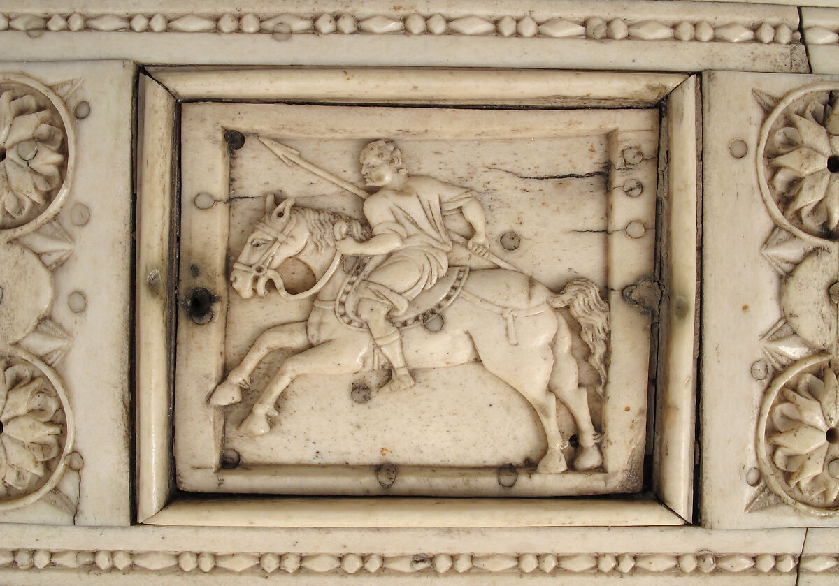 Casket with Warriors and Mythological Figures, Bone plaques and ornamental strips over wood; silver lock plate, Byzantine