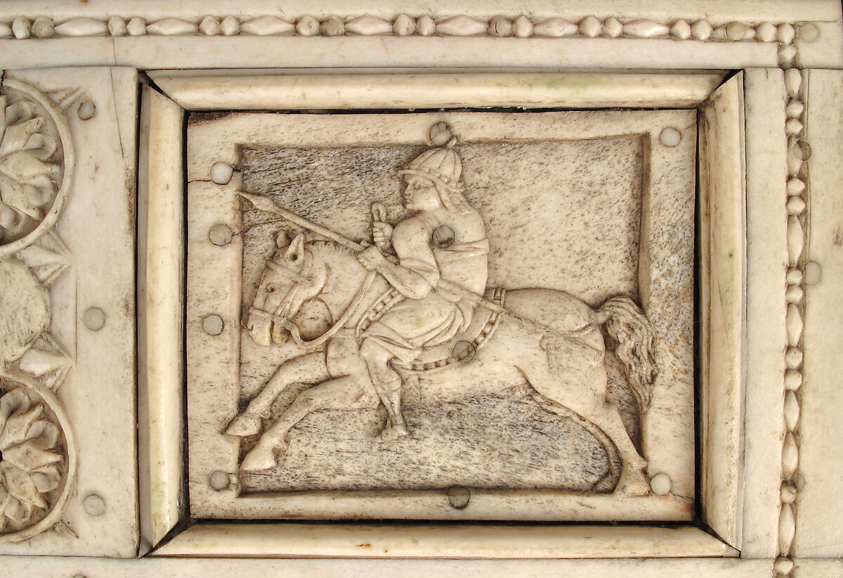 Casket with Warriors and Mythological Figures, Bone plaques and ornamental strips over wood; silver lock plate, Byzantine