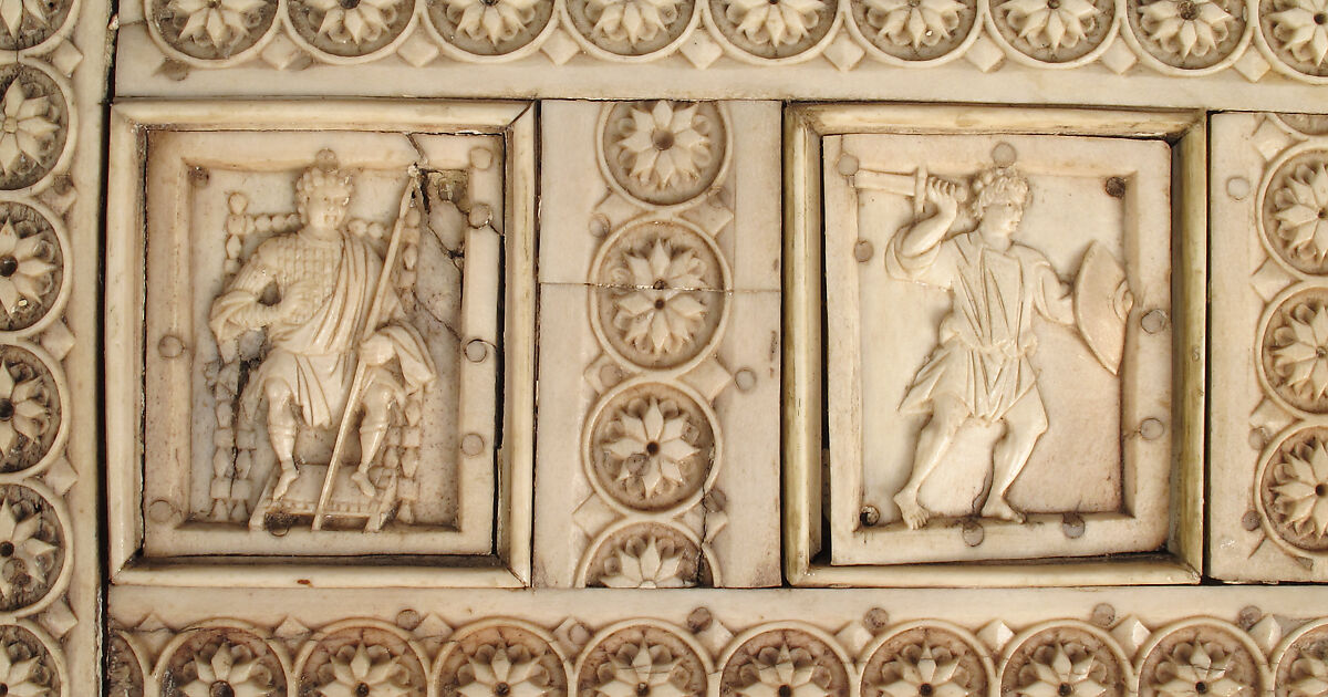 Casket with Warriors and Mythological Figures, Bone plaques and ornamental strips over wood; silver lock plate, Byzantine
