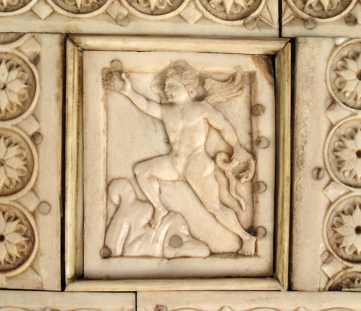 Casket with Warriors and Mythological Figures, Bone plaques and ornamental strips over wood; silver lock plate, Byzantine