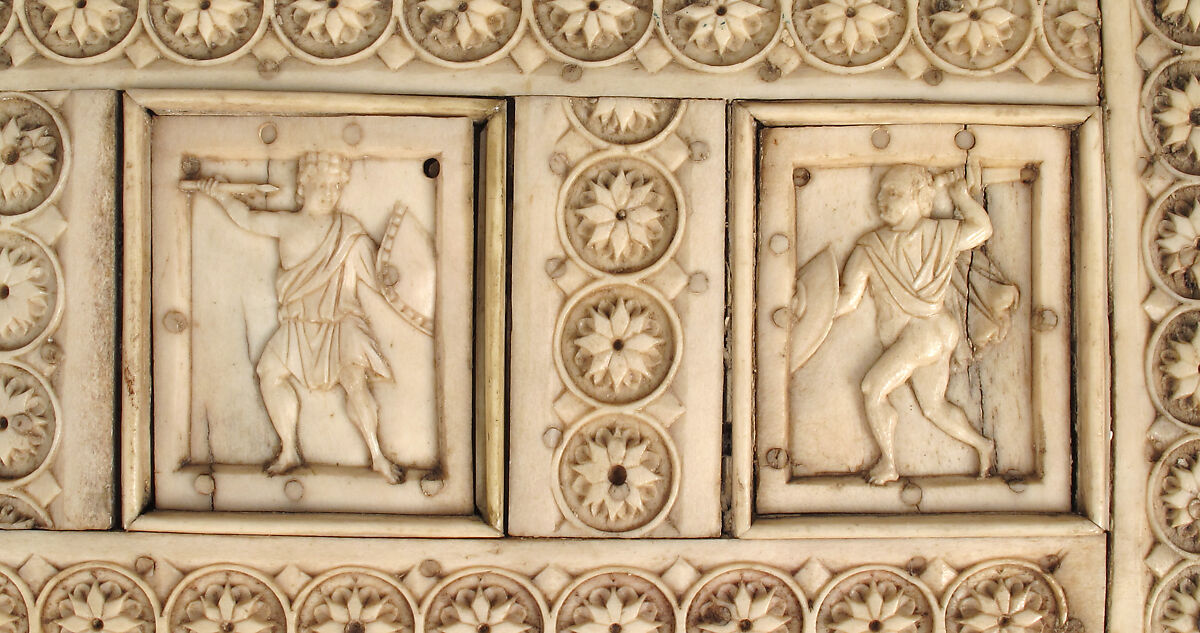 Casket with Warriors and Mythological Figures, Bone plaques and ornamental strips over wood; silver lock plate, Byzantine