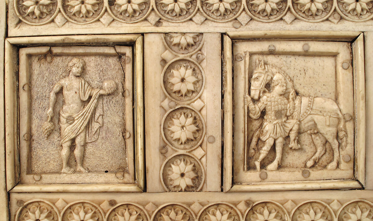 Casket with Warriors and Mythological Figures, Bone plaques and ornamental strips over wood; silver lock plate, Byzantine