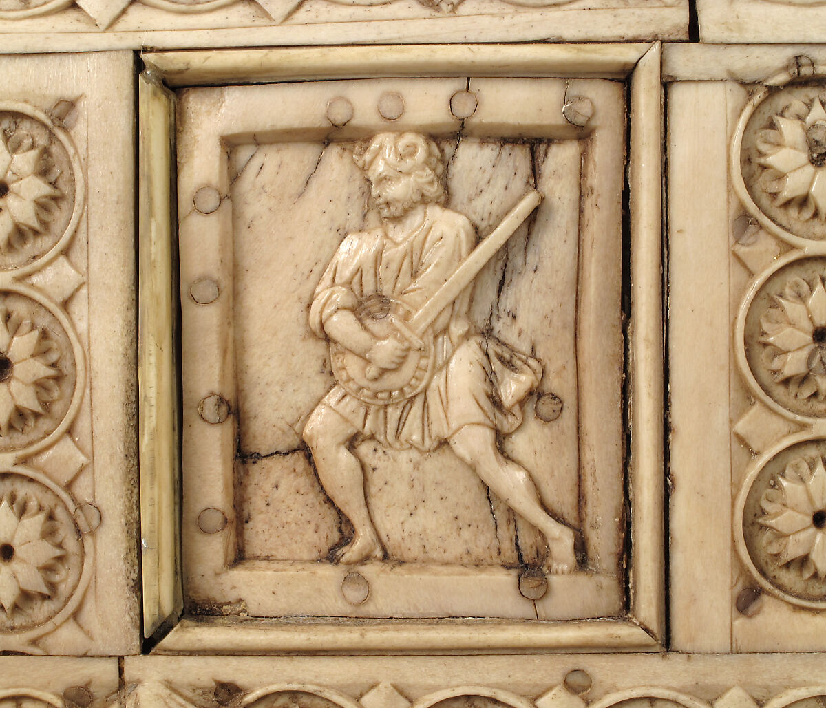 Casket with Warriors and Mythological Figures, Bone plaques and ornamental strips over wood; silver lock plate, Byzantine