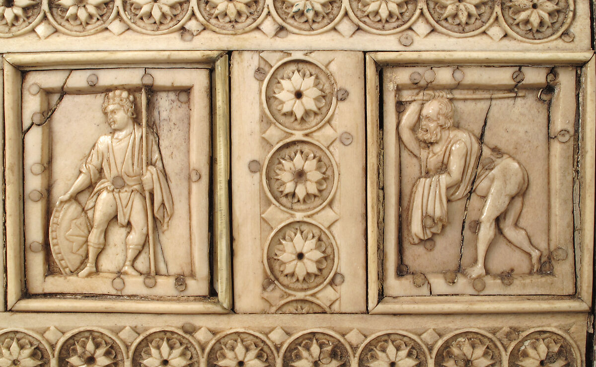 Casket with Warriors and Mythological Figures, Bone plaques and ornamental strips over wood; silver lock plate, Byzantine