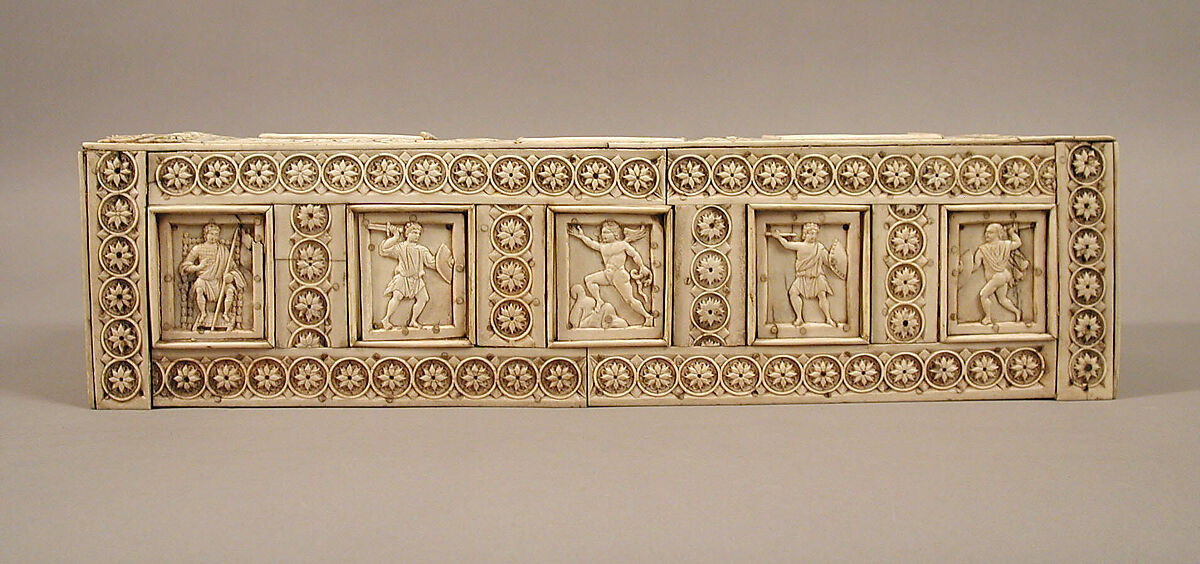 Casket with Warriors and Mythological Figures, Bone plaques and ornamental strips over wood; silver lock plate, Byzantine