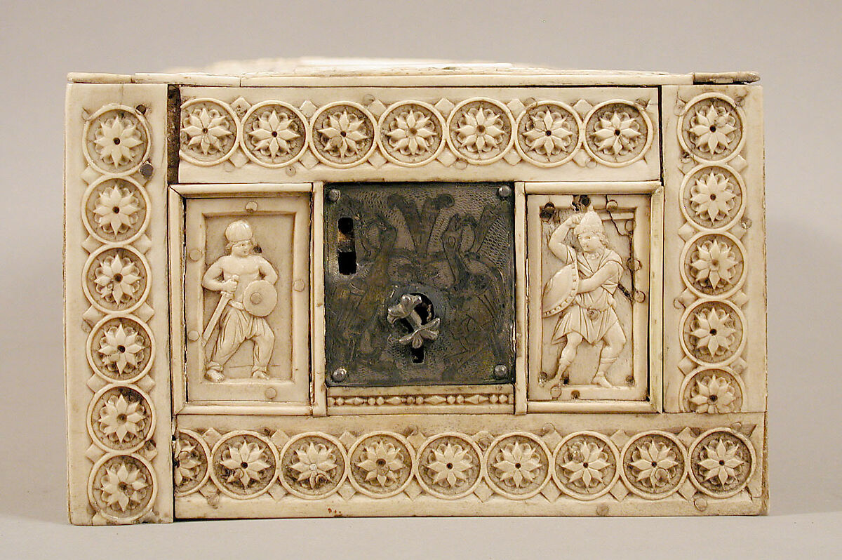Casket with Warriors and Mythological Figures, Bone plaques and ornamental strips over wood; silver lock plate, Byzantine