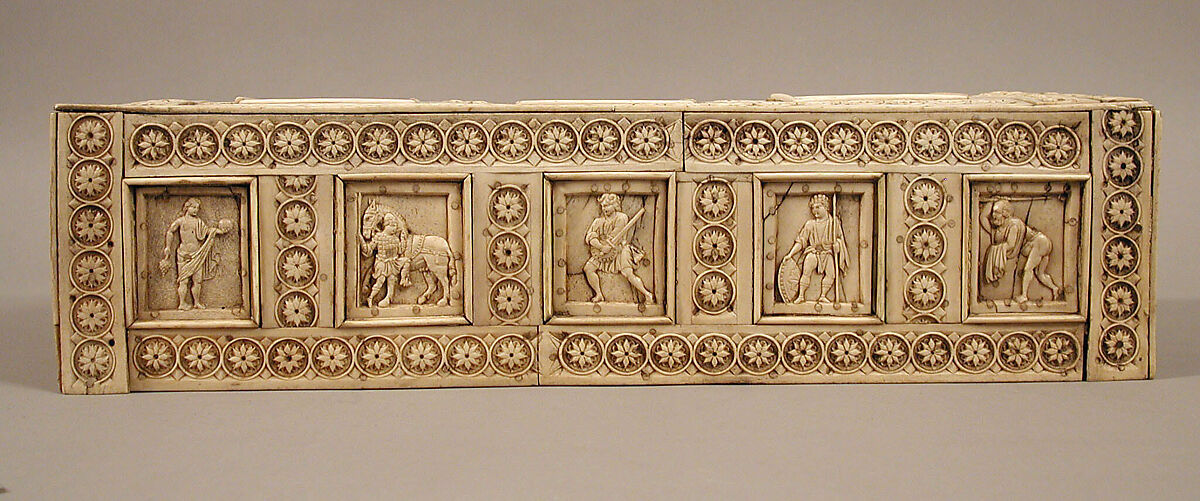 Casket with Warriors and Mythological Figures, Bone plaques and ornamental strips over wood; silver lock plate, Byzantine