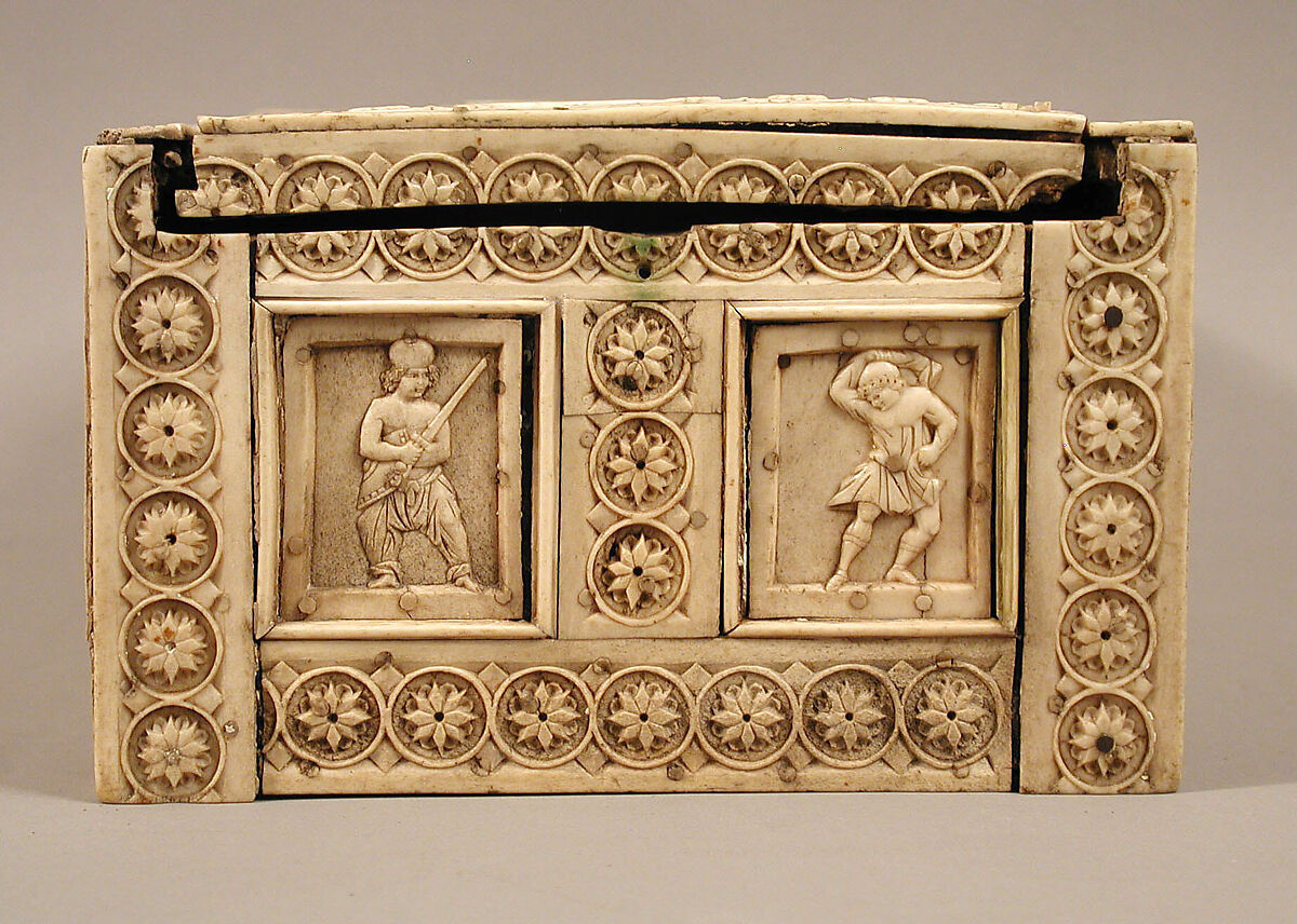 Casket with Warriors and Mythological Figures, Bone plaques and ornamental strips over wood; silver lock plate, Byzantine