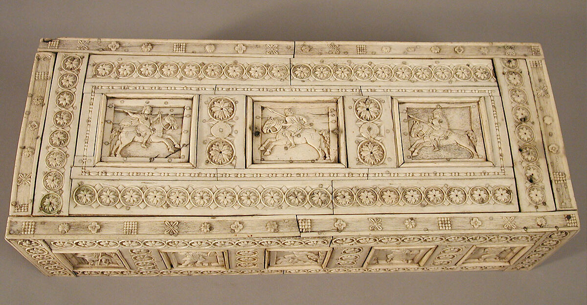 Casket with Warriors and Mythological Figures, Bone plaques and ornamental strips over wood; silver lock plate, Byzantine