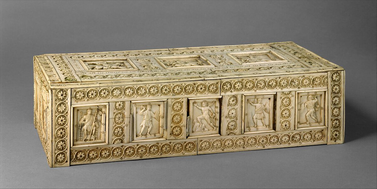 Casket with Warriors and Mythological Figures, Bone plaques and ornamental strips over wood; silver lock plate, Byzantine