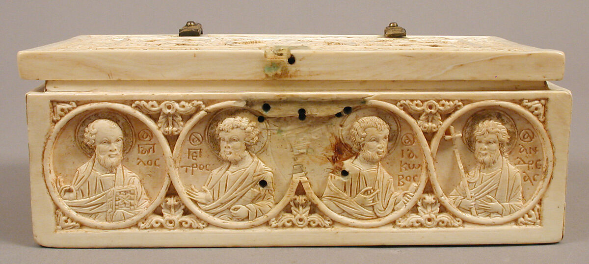 Reliquary Casket with the Deesis, Archangels, and the Twelve Apostles, Elephant ivory, with gilt-copper alloy mounts, Byzantine