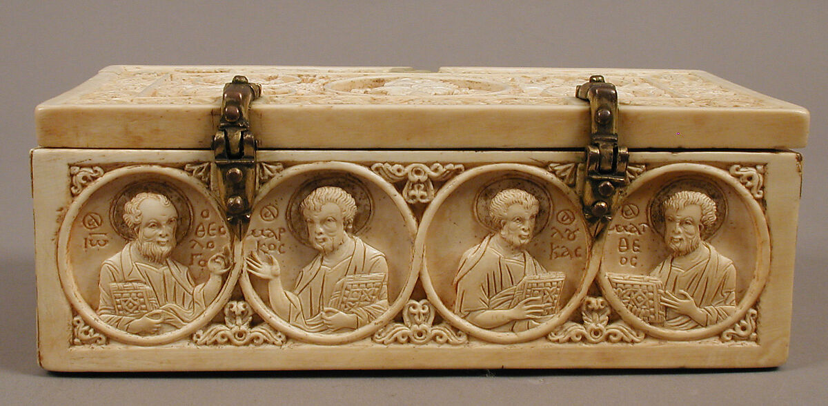 Reliquary Casket with the Deesis, Archangels, and the Twelve Apostles, Elephant ivory, with gilt-copper alloy mounts, Byzantine