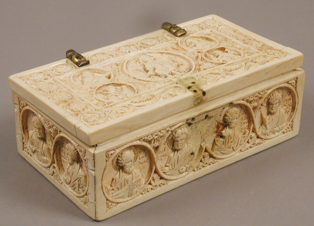 Reliquary Casket with the Deesis, Archangels, and the Twelve Apostles, Elephant ivory, with gilt-copper alloy mounts, Byzantine