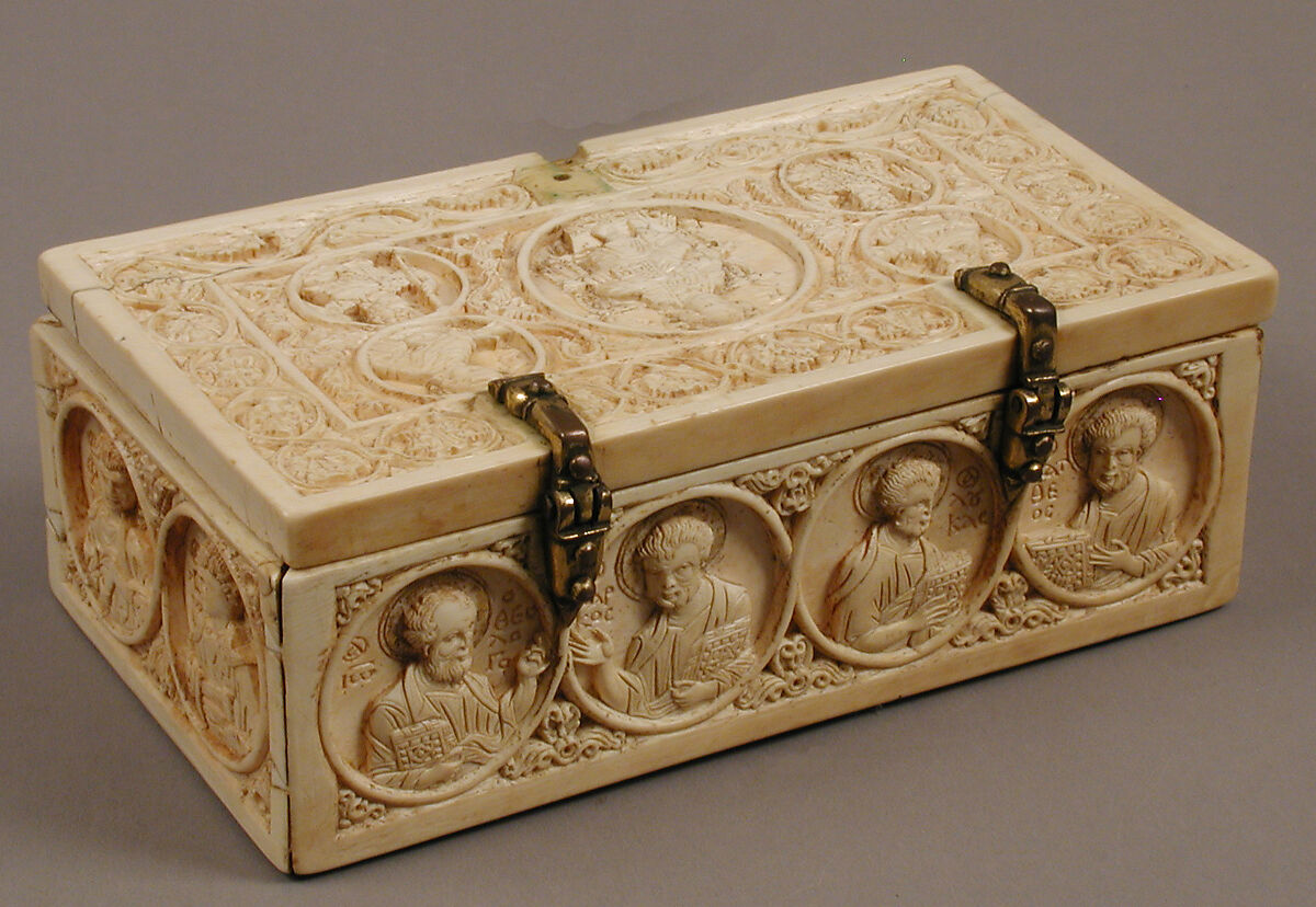 Reliquary Casket with the Deesis, Archangels, and the Twelve Apostles, Elephant ivory, with gilt-copper alloy mounts, Byzantine