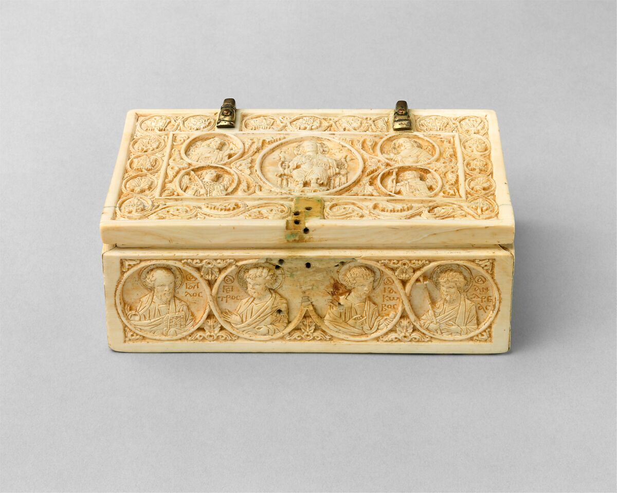 Reliquary Casket with the Deesis, Archangels, and the Twelve Apostles, Ivory, with gilt-copper alloy mounts, Byzantine 