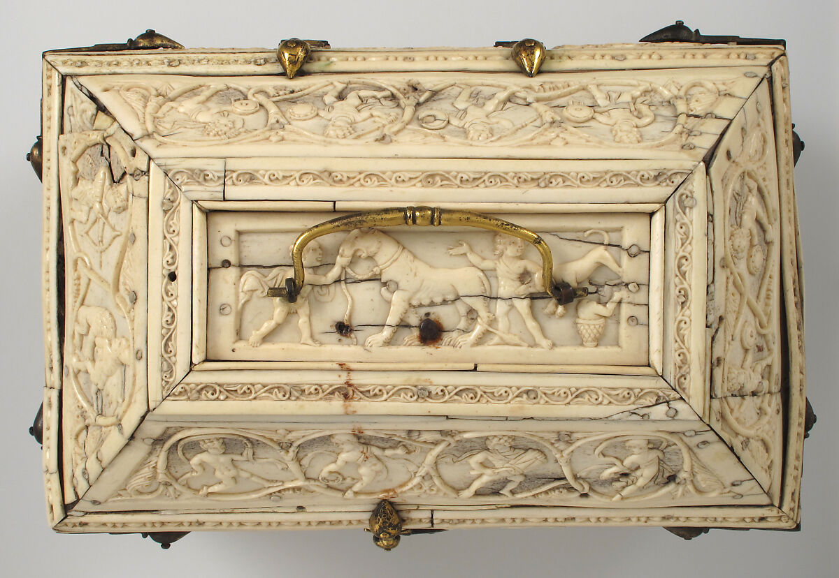 Casket with Warriors and Dancers, Elephant ivory and bone; gilded copper mounts, Byzantine