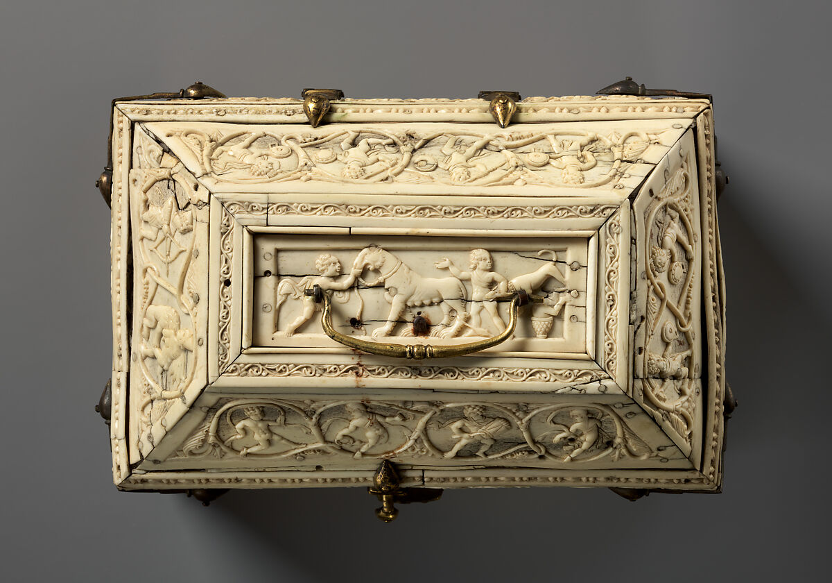 Casket with Warriors and Dancers, Elephant ivory and bone; gilded copper mounts, Byzantine