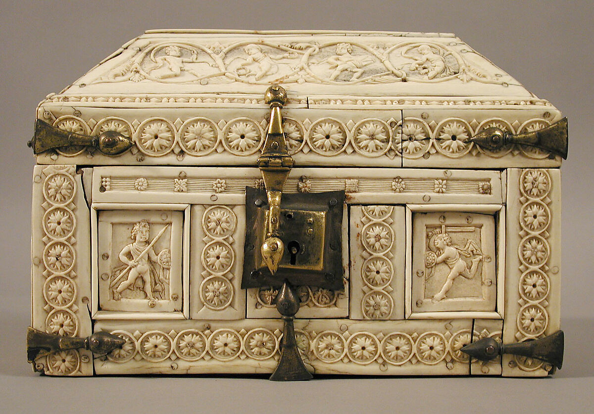 Casket with Warriors and Dancers, Elephant ivory and bone; gilded copper mounts, Byzantine