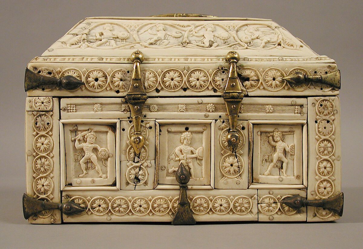 Casket with Warriors and Dancers, Elephant ivory and bone; gilded copper mounts, Byzantine