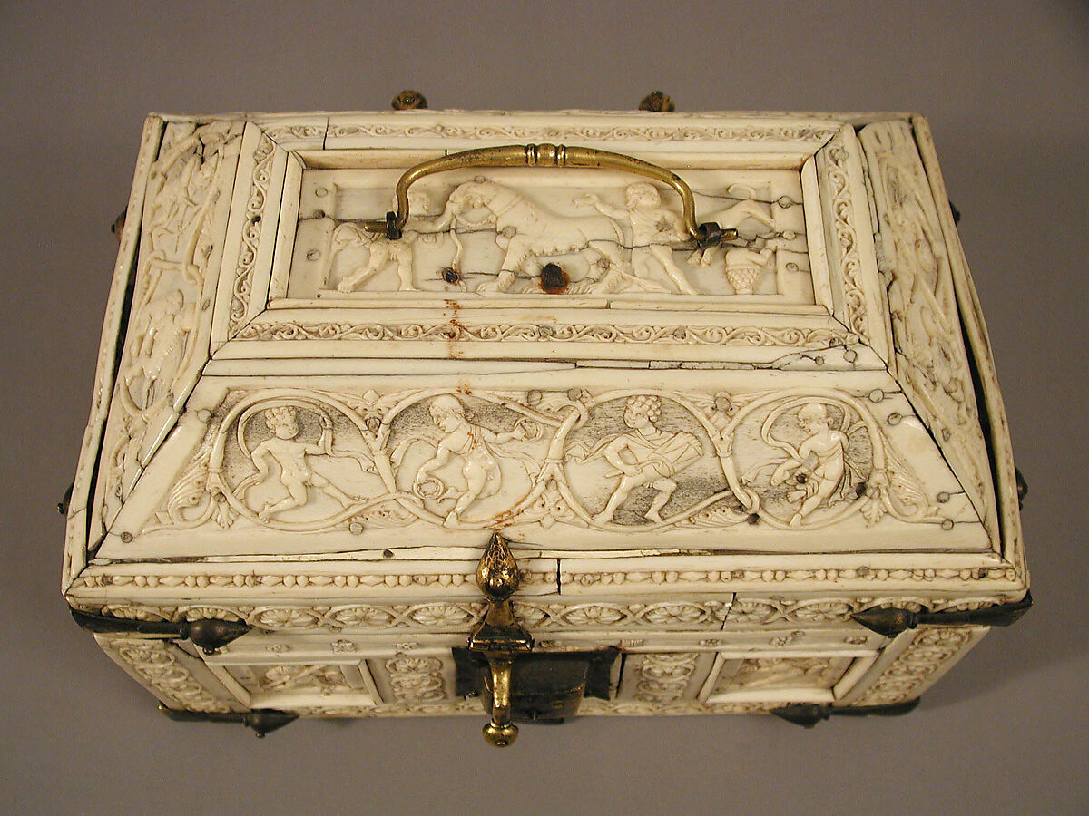 Casket with Warriors and Dancers, Elephant ivory and bone; gilded copper mounts, Byzantine