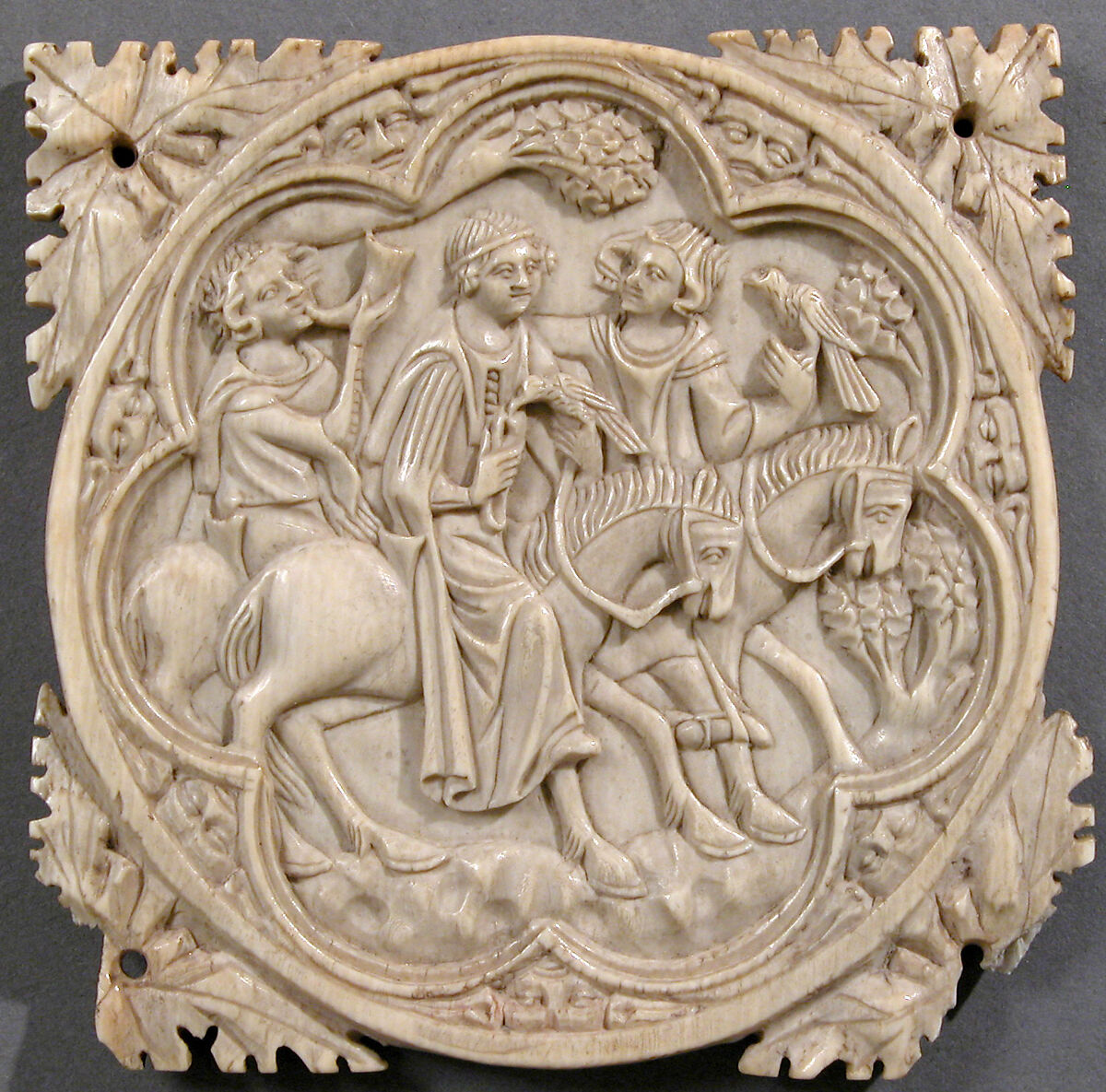 Ivory Mirror Case with a Falconing Party, Elephant ivory, French